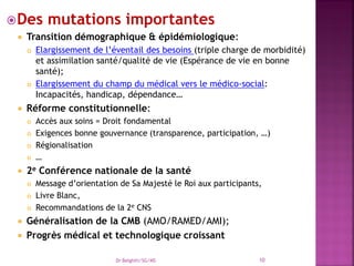 Des mutations importantes
 Transition démographique & épidémiologique:
 Elargissement de l’éventail des besoins (triple...