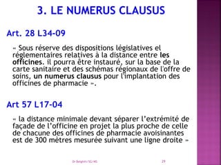 Art. 28 L34-09
« Sous réserve des dispositions législatives el
réglementaires relatives à la distance entre les
officines. il pourra être instauré, sur la base de la
carte sanitaire et des schémas régionaux de l'offre de
soins, un numerus clausus pour l'implantation des
officines de pharmacie ».
Art 57 L17-04
« la distance minimale devant séparer l’extrémité de
façade de l’officine en projet la plus proche de celle
de chacune des officines de pharmacie avoisinantes
est de 300 mètres mesurée suivant une ligne droite »
Dr Belghiti/SG/MS 29
 
