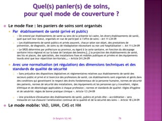  Le mode fixe : les paniers de soins sont organisés
 Par établissement de santé (privé et public)
 « On entend par établissements de santé au sens de la présente loi cadre, les divers établissements de santé,
quel que soit leur statut, organisés en vue de participer à l’offre de soins » Art 11 L34-09
 « Les établissements de santé publics et privés assurent, chacun selon son objet, des prestations de
prévention, de diagnostic, de soins ou de réadaptation nécessitant ou non une hospitalisation ». Art 11 L34-09
 « Le SROS détermine par préfecture ou province, eu égard à la carte sanitaire, en fonction du découpage
sanitaire intra-régional et sur la base de l'analyse des besoins;[…] la projection des établissements de santé,
des lits et places, des spécialités, des installations fixes et mobiles publiques et privées et des équipements
lourds ainsi que leur répartition territoriale;… » Article 24 L34-09
 Avec une normalisation (et régulation) des dimensions techniques et des
standards de qualité de sécurité
 « Sans préjudice des dispositions législatives et réglementaires relatives aux établissements de santé des
secteurs public el privé el à l'exercice des professions de santé, ces établissements sont organisés et gérés dans
des conditions qui garantissent le respect des droits fondamentaux de la personne humaine, normes de sécurité
des patients, normes de sécurité des installations, des équipements et les personnes qui y travaillent, règles
d'éthique et de déontologie applicables à chaque profession ; normes et standards de qualité: règles d'hygiène
et de salubrité: règles de bonne pratique clinique ». Article 12 L34-09
 « Une procédure d'évaluation des établissements de santé, publics et privés dite « accréditation » sera
instaurée en vue d'assurer l'amélioration continue de la qualité et de la sécurité des soins ». Article 18 L34-09
 Le mode mobile: VAD, UMM, CMS et HM
Dr Belghiti/SG/MS 76
 