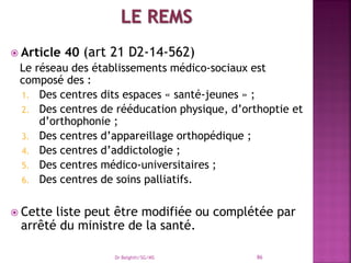  Article 40 (art 21 D2-14-562)
Le réseau des établissements médico-sociaux est
composé des :
1. Des centres dits espaces « santé-jeunes » ;
2. Des centres de rééducation physique, d’orthoptie et
d’orthophonie ;
3. Des centres d’appareillage orthopédique ;
4. Des centres d’addictologie ;
5. Des centres médico-universitaires ;
6. Des centres de soins palliatifs.
 Cette liste peut être modifiée ou complétée par
arrêté du ministre de la santé.
Dr Belghiti/SG/MS 86
 