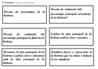 2.- Comprendre – Copiar en un full de color taronja -
Descriu els personatges de la
història.
Descriu els sentiments dels
...