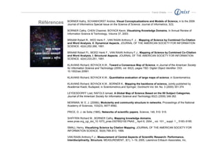 Franck Ghitalla



             BORNER Kathy, SCHAMHORST Andrea, Visual Conceptualizations and Models of Science, in to the 2009
Références   Journal of Informetrics Special Issue on the Science of Science, Journal of Informetrics, 3(3).

             BORNER Cathy, CHEN Chaomei, BOYACK Kevin, Visualizing Knowledge Domains, In Annual Review of
             Information Science & Technology, Volume 37, 2003.

             BRAAM Robert R., WED Henk F., VAN RAAN Anthony F. J. , Mapping of Science by Combined Co-Citation
             and Word Analysis. II: Dynamical Aspects, JOURNAL OF THE AMERICAN SOCIETY FOR INFORMATION
             SCIENCE. 42(4):252-266, 1991.

             BRAAM Robert Ft., MOED Henk F., VAN RAAN Anthony F.J., Mapping of Science by Combined Co-Citation
             and Word Analysis. I. Structural Aspects, JOURNAL OF THE AMERICAN SOCIETY FOR INFORMATION
             SCIENCE. 42(4):233-251, 1991.

             KLAVANS Richard, BOYACK K.W., Toward a Consensus Map of Science, in Journal of the American Society
             for Information Science and Technology (2009), vol. 60(2), pages TBD. Digital Object Identifier: DOI:
             10.1002/asi.20991.

             KLAVANS Richard, BOYACK K.W., Quantitative evaluation of large maps of science, in Scientometrics.

             KLAVANS Richard, BOYACK K.W., BORNER K., Mapping the backbone of science, Jointly published by
             Akadémiai Kiadó, Budapest, in Scientometrics,and Springer, Dordrecht Vol. 64, No. 3 (2005) 351.374

             LEYDESDORFF Loet, RAFOLS Ismael, A Global Map of Science Based on the ISI Subject Categories,
             Journal of the American Society for Information Science and Technology 60(2) (2009) 348-362.

             NEWMAN, M. E. J. (2006b), Modularity and community structure in networks, Proceedings of the National
             Academy of Sciences, 103(23), 8577-8582.

             PRICE, D. J. de Solla (1965), Networks of scientific papers, Science, 149, 510- 515.

             SHIFFRIN Richard M., BORNER Cathy, Mapping knowledge domains,
             www.pnas.org_cgi_doi_10.1073_pnas.0307852100 PNAS _ April 6, 2004 _ vol. 101 _ suppl. 1 _ 5183–5185.

             SMALL Henry, Visualizing Science by Citation Mapping, JOURNAL OF THE AMERICAN SOCIETY FOR
             INFORMATION SCIENCE. 50(9):799–813, 1999.

             VAN RAAN Anthony F.J., Measurement of Central Aspects of Scientific Research: Performance,
             Interdisciplinarity, Structure, MEASUREMENT, 3(1), 1–19, 2005, Lawrence Erlbaum Associates, Inc.
 