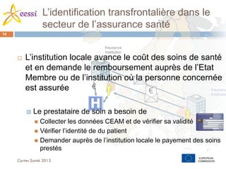 Cartes Santé 2013
14
L’identification transfrontalière dans le
secteur de l’assurance santé
EUROPEAN
COMMISSION
Insurance
Institution
Insurance
Institution
€
 L’institution locale avance le coût des soins de santé
et en demande le remboursement auprès de l’Etat
Membre ou de l’institution où la personne concernée
est assurée
 Le prestataire de soin a besoin de
 Collecter les données CEAM et de vérifier sa validité
 Vérifier l’identité de du patient
 Demander auprès de l’institution locale le payement des soins
prestés
 