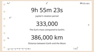 Jupiter’s rotation period
9h 55m 23s
333,000
The Sun’s mass compared to Earth’s
386,000 km
Distance between Earth and the Moon
 
