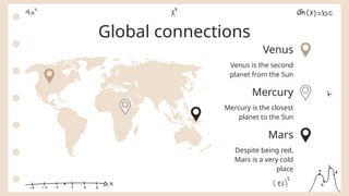 Venus
Mars
Mercury
Global connections
Venus is the second
planet from the Sun
Despite being red,
Mars is a very cold
place
Mercury is the closest
planet to the Sun
 