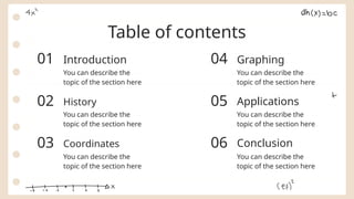 Table of contents
You can describe the
topic of the section here
You can describe the
topic of the section here
You can describe the
topic of the section here
You can describe the
topic of the section here
You can describe the
topic of the section here
You can describe the
topic of the section here
01 04
02 05
03 06
Introduction
History
Coordinates
Graphing
Applications
Conclusion
 