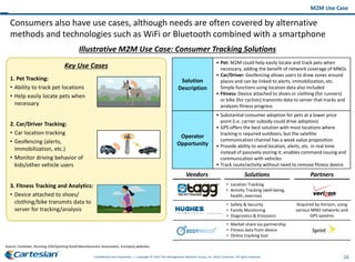 16Confidential and Proprietary — Copyright © 2014 The Management Network Group, Inc. d/b/a Cartesian. All rights reserved.
Consumers also have use cases, although needs are often covered by alternative
methods and technologies such as WiFi or Bluetooth combined with a smartphone
M2M Use Case
Illustrative M2M Use Case: Consumer Tracking Solutions
• Substantial consumer adoption for pets at a lower price
point (i.e. carrier subsidy could drive adoption)
• GPS offers the best solution with most locations where
tracking is required outdoors, but the satellite
communication channel has a weak value proposition
• Provide ability to send location, alerts, etc. in real time
instead of passively storing it; enables command issuing and
communication with vehicles
• Track route/activity without need to remove fitness device
• Pet: M2M could help easily locate and track pets when
necessary, adding the benefit of network coverage of MNOs
• Car/Driver: Geofencing allows users to draw zones around
places and can be linked to alerts, immobilization, etc.
Simple functions using location data also included
• Fitness: Device attached to shoes or clothing (for runners)
or bike (for cyclists) transmits data to server that tracks and
analyzes fitness progress
Solution
Description
Operator
Opportunity
Key Use Cases
1. Pet Tracking:
• Ability to track pet locations
• Help easily locate pets when
necessary
2. Car/Driver Tracking:
• Car location tracking
• Geofencing (alerts,
immobilization, etc.)
• Monitor driving behavior of
kids/other vehicle users
3. Fitness Tracking and Analytics:
• Device attached to shoes/
clothing/bike transmits data to
server for tracking/analysis
Source: Cartesian, Running USA/Sporting Good Manufacturers Association, Company websites
• Location Tracking
• Activity Tracking (well-being,
health, exercise)
• Safety & Security
• Family Monitoring
• Diagnostics & Emissions
• Market share via partnership
• Fitness data from device
• Online tracking tool
Vendors Solutions Partners
Acquired by Verizon, using
various MNO networks and
GPS systems
 