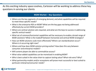 17Confidential and Proprietary — Copyright © 2014 The Management Network Group, Inc. d/b/a Cartesian. All rights reserved.
As this exciting industry space evolves, Cartesian will be working to address these key
questions in serving our clients
Key Questions
M2M Market – Key Questions
• Where are the key segments of emerging demand, and what capabilities will be required
to meet these specific needs?
• What is the enterprise ROI on M2M? What are the key gaps not being addressed
effectively by current M2M providers?
• Where are vertical solution sets required, and what are the keys to success in addressing
specific vertical needs?
• What set of common/horizontal capabilities will be necessary to enable a broad range of
M2M solutions? What is the tradeoff between horizontal and vertical M2M strategies?
• How can M2M solutions scale more effectively? Where can standardization occur?
Where is it occurring right now?
• Where and how does M2M solution pricing evolve? How does this vary between
consumer and enterprise models?
• Will content players be able to commoditize access?
• What value-added capabilities can be monetized in enabling M2M?
• Who is best suited in the value chain to capture lasting value? What role wins? Why?
• What partnership models and/or ecosystems will prove most successful or best suited to
particular enterprise/consumer needs?
 