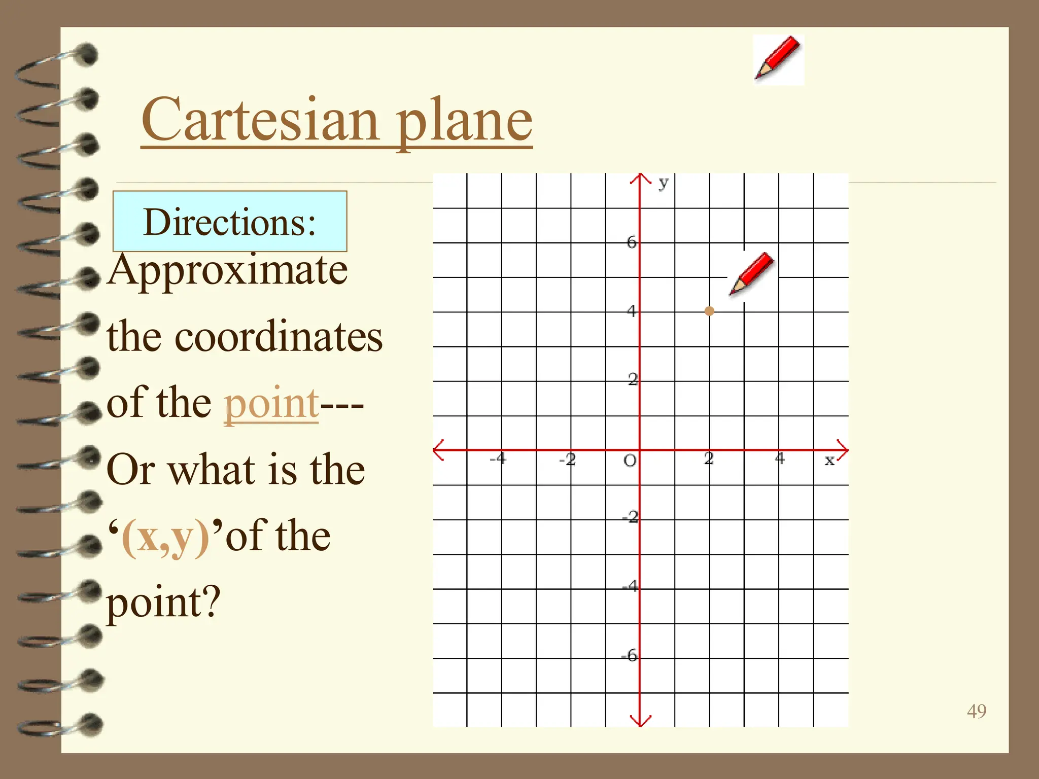 49
Cartesian plane
Approximate
the coordinates
of the point---
Or what is the
‘(x,y)’of the
point?
Directions:
 
