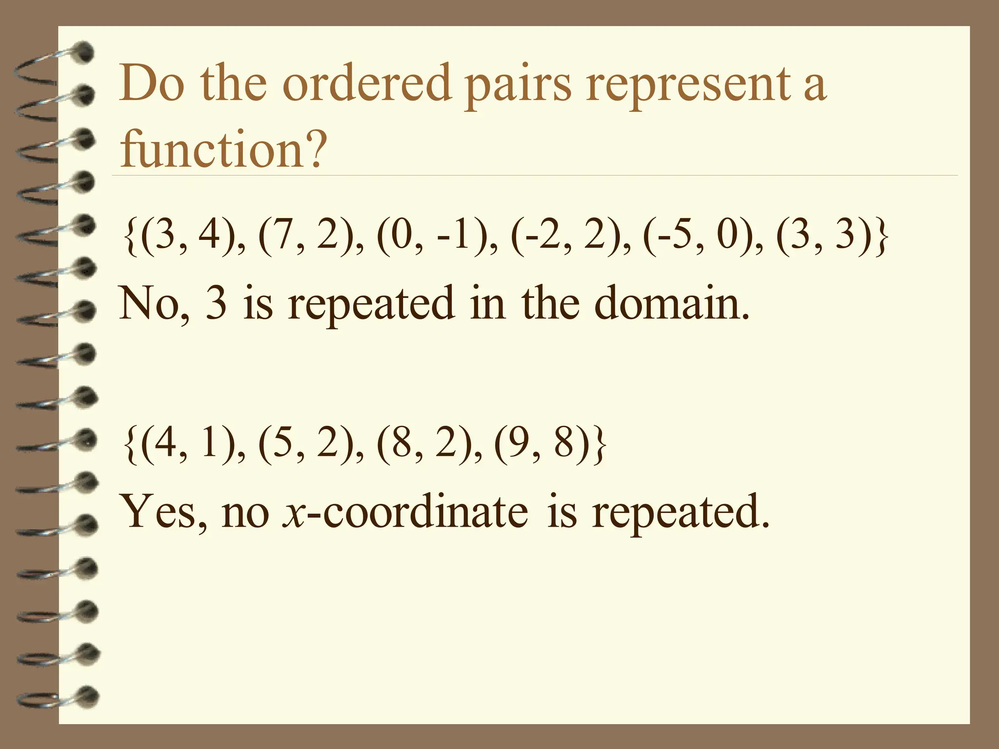 Do the ordered pairs represent a
function?
{(3, 4), (7, 2), (0, -1), (-2, 2), (-5, 0), (3, 3)}
No, 3 is repeated in the domain.
{(4, 1), (5, 2), (8, 2), (9, 8)}
Yes, no x-coordinate is repeated.
 