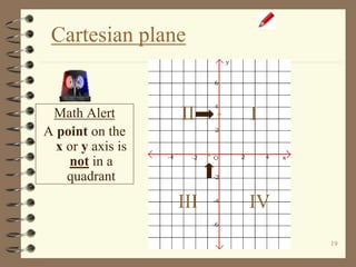 19
Cartesian plane
Math Alert
A point on the
x or y axis is
not in a
quadrant
III
III IV
 
