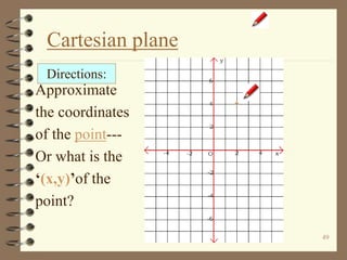 49
Cartesian plane
Approximate
the coordinates
of the point---
Or what is the
‘(x,y)’of the
point?
Directions:
 
