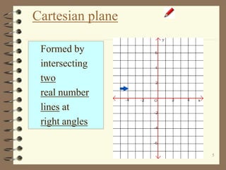 5
Cartesian plane
Formed by
intersecting
two
real number
lines at
right angles
 