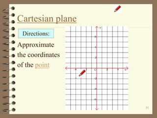 51
Cartesian plane
Approximate
the coordinates
of the point
Directions:
 