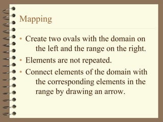 Mapping
• Create two ovals with the domain on
the left and the range on the right.
• Elements are not repeated.
• Connect elements of the domain with
the corresponding elements in the
range by drawing an arrow.
 