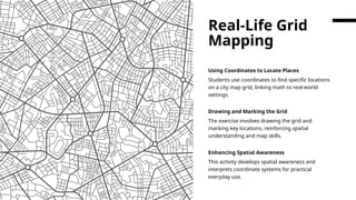 Using Coordinates to Locate Places
Students use coordinates to find specific locations
on a city map grid, linking math to real-world
settings.
Drawing and Marking the Grid
The exercise involves drawing the grid and
marking key locations, reinforcing spatial
understanding and map skills.
Enhancing Spatial Awareness
This activity develops spatial awareness and
interprets coordinate systems for practical
everyday use.
Real-Life Grid
Mapping
 