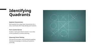Quadrant Characteristics
Each quadrant has unique sign characteristics for x
and y coordinates which help identify point locations.
Point Location Exercise
Students match points like (5, 6) and (-7, 2) to their
correct quadrants to reinforce learning.
Enhancing Critical Thinking
This exercise promotes critical thinking by applying
theoretical knowledge to identify point positions
practically.
Identifying
Quadrants
 