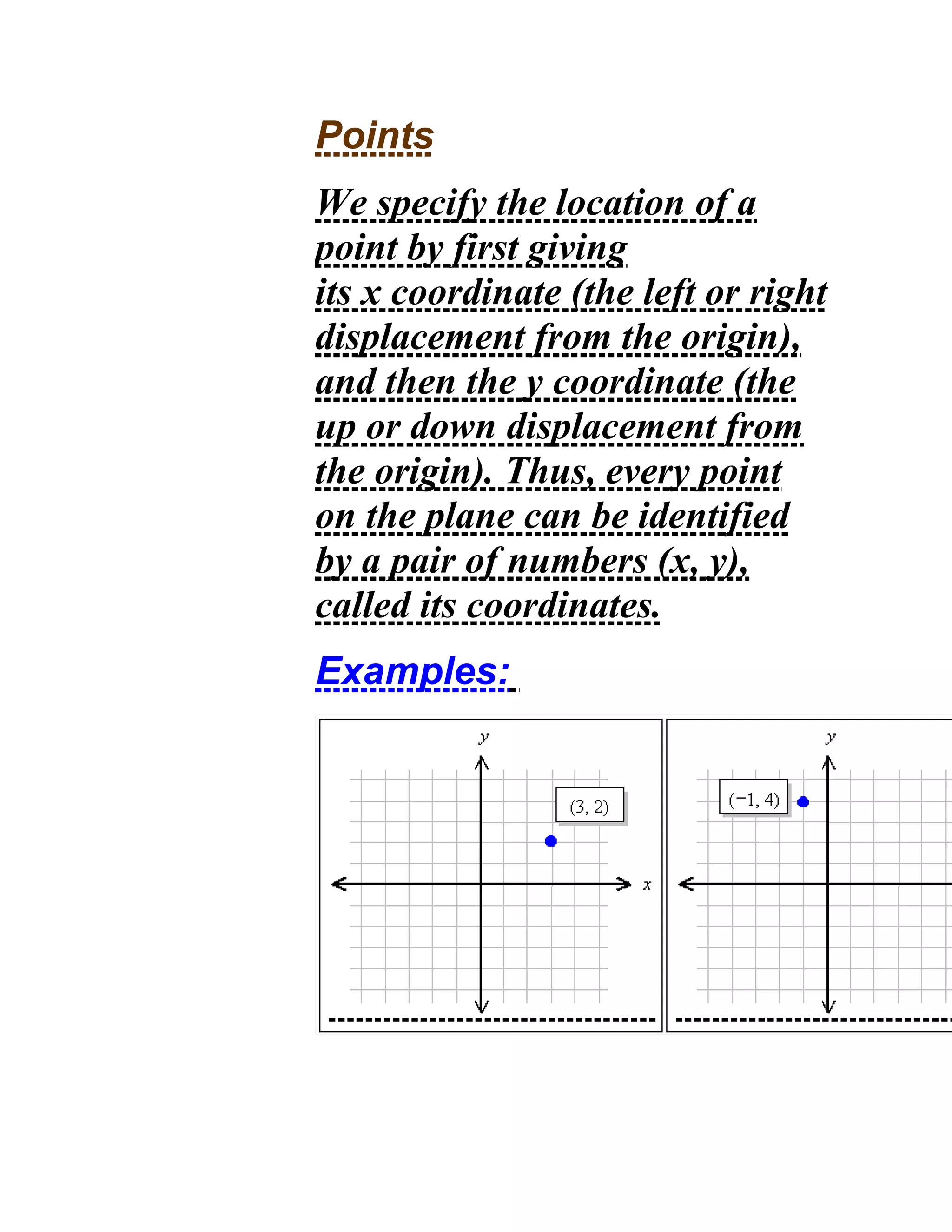 Points
We specify the location of a
point by first giving
its x coordinate (the left or right
displacement from the origin),
and then the y coordinate (the
up or down displacement from
the origin). Thus, every point
on the plane can be identified
by a pair of numbers (x, y),
called its coordinates.
Examples:
 