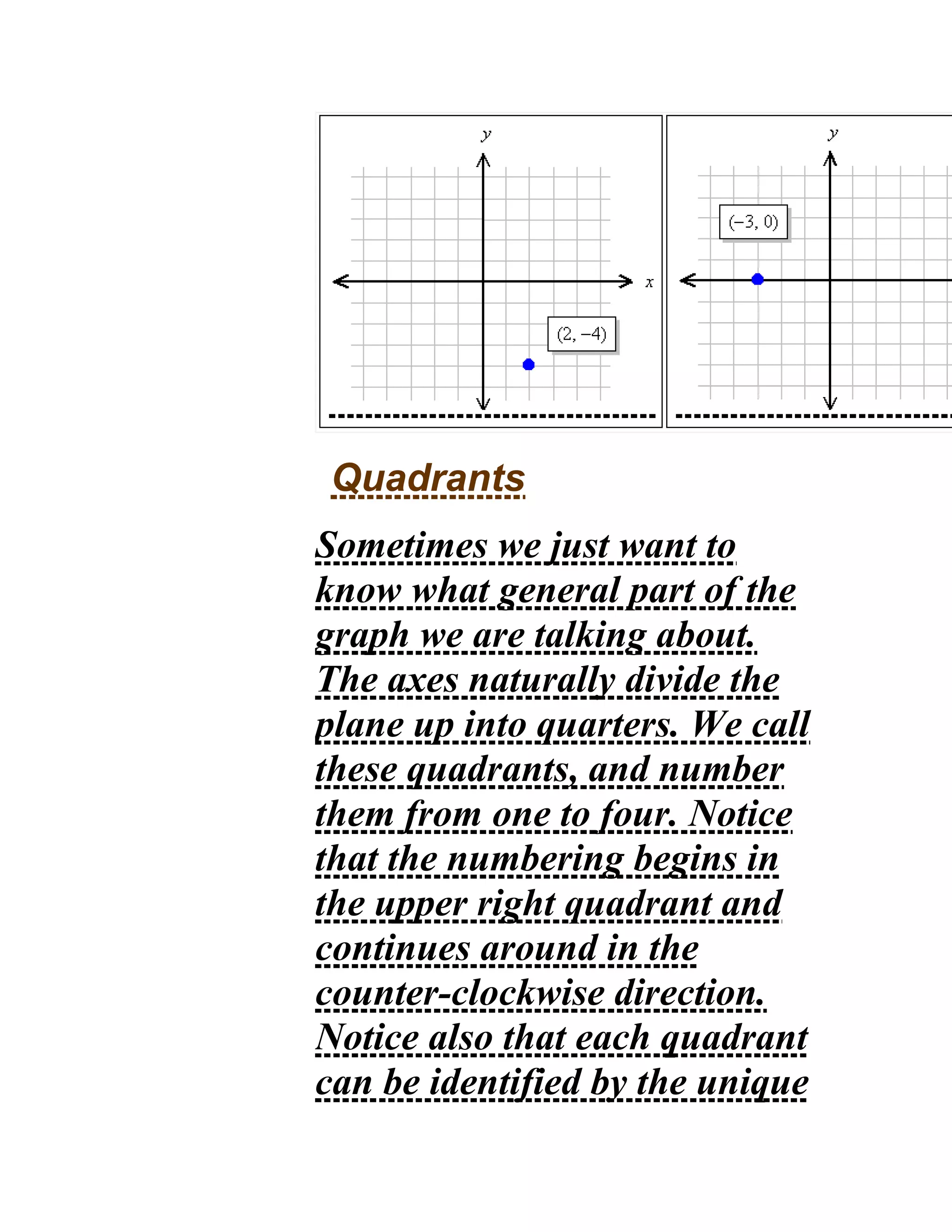 Quadrants
Sometimes we just want to
know what general part of the
graph we are talking about.
The axes naturally divide the
plane up into quarters. We call
these quadrants, and number
them from one to four. Notice
that the numbering begins in
the upper right quadrant and
continues around in the
counter-clockwise direction.
Notice also that each quadrant
can be identified by the unique
 