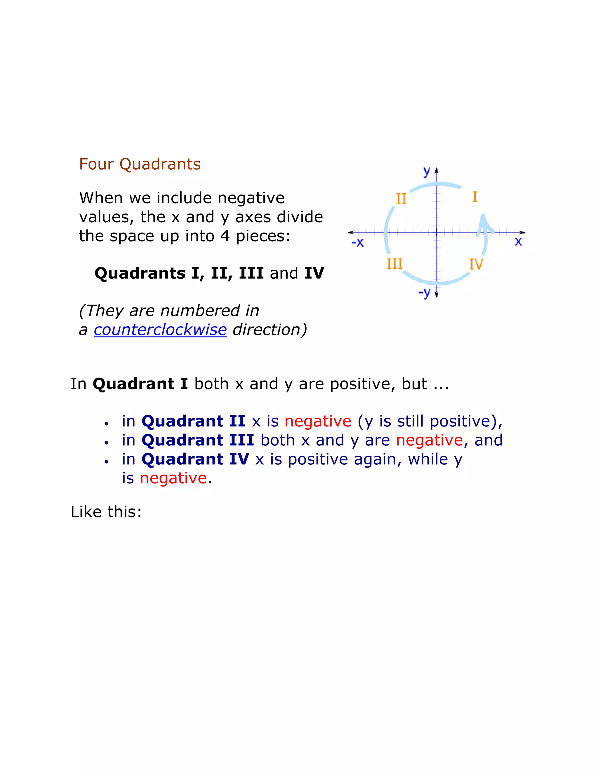 Four Quadrants
When we include negative
values, the x and y axes divide
the space up into 4 pieces:
Quadrants I, II, III and IV
(They are numbered in
a counterclockwise direction)
In Quadrant I both x and y are positive, but ...
 in Quadrant II x is negative (y is still positive),
 in Quadrant III both x and y are negative, and
 in Quadrant IV x is positive again, while y
is negative.
Like this:
 