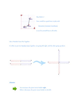 Play With It !
Now would be a good time to play with
Interactive Cartesian Coordinates
to see for yourself how it all works.
Like 2 Number Lines Put Together
It is like we put two Number Lines together, one going left-right, and the other going up-down.
Direction
As x increases, the point moves further right.
When x decreases, the point moves further to the left.
 