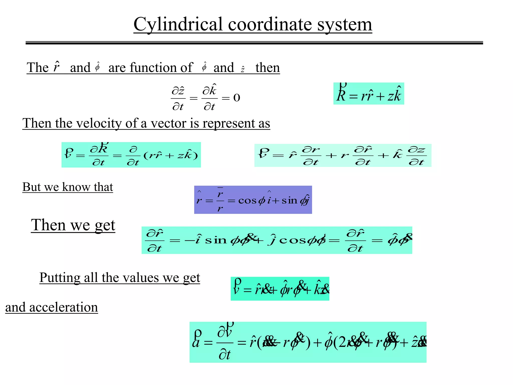 Cylindrical coordinate system
The and are function of and then
Then the velocity of a vector is represent as
)ˆˆ( kzrr
tt
R
v 








t
z
k
t
r
r
t
r
rv








 ˆˆ
ˆ

Putting all the values we get
zkrrrv 
 ˆˆˆ  
and acceleration
zzrrrrr
t
v
a 


ˆ)2(ˆ)(ˆ 2



 
rˆ ˆ ˆ
zˆ
0
ˆˆ






t
k
t
z
kzrrR ˆˆ 

  cosˆsinˆˆ
ji
t
r



 ˆˆ




t
r
ji
r
r
r ˆsincos
^^
 
But we know that
Then we get
 