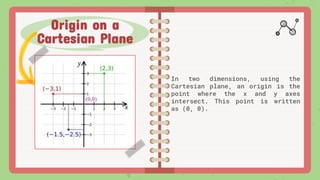 In two dimensions, using the
Cartesian plane, an origin is the
point where the x and y axes
intersect. This point is written
as (0, 0).
Origin on a
Cartesian Plane
 