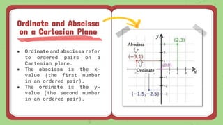 ● Ordinate and abscissa refer
to ordered pairs on a
Cartesian plane.
● The abscissa is the x-
value (the first number
in an ordered pair).
● The ordinate is the y-
value (the second number
in an ordered pair).
Ordinate and Abscissa
on a Cartesian Plane
 