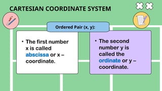 • The first number
x is called
abscissa or x –
coordinate.
CARTESIAN COORDINATE SYSTEM
Ordered Pair (x, y):
• The second
number y is
called the
ordinate or y –
coordinate.
 