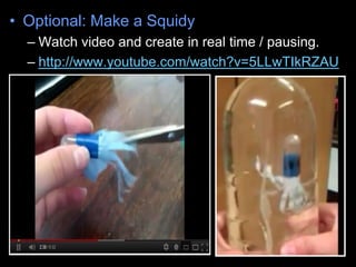 • Optional: Make a Squidy
– Watch video and create in real time / pausing.
– http://www.youtube.com/watch?v=5LLwTIkRZAU
 