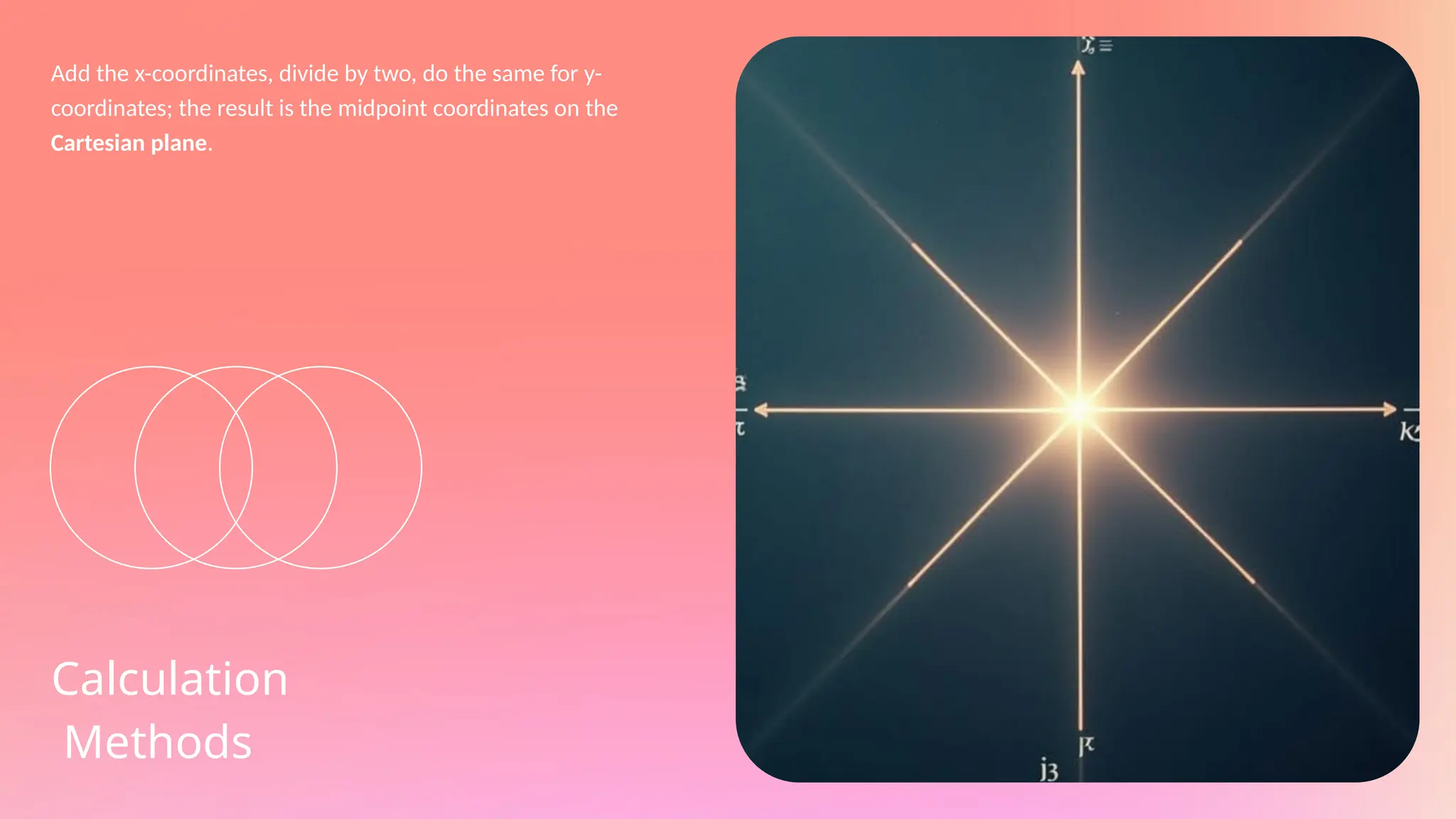 Add the x-coordinates, divide by two, do the same for y-
coordinates; the result is the midpoint coordinates on the
Cartesian plane.
Calculation
Methods
 