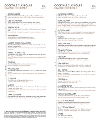 BOULEVARDIER
Whisky Maker’s Mark, Martini Rouge, liqueur Campari, bitter maison
Maker’s Mark whiskey, Martini Rosso, Campari liquor, homemade bitter
OLD FASHIONED
Whisky Maker’s Mark, sucre roux, eau pétillante, bitter maison
Maker’s Mark whiskey, brown sugar, soda water, homemade bitter
WHISKY SOUR
Whisky Monkey Shoulder, citron, blanc d’œuf, sirop de sucre, Angostura
bitter
Monkey Shoulder whiskey, lemon, egg white, sugar syrup, Angostura bitter
MANHATTAN
Whisky Bulleit RYE, Martini Rouge, bitter maison
Bulleit RYE whiskey, Martini Rosso, homemade bitter
MOJITO ORIGINAL BACARDI
Rhum Bacardi Carta Bianca, citron vert, sucre de canne, sirop de sucre, eau
pétillante, menthe fraîche
Bacardi Carta Bianca rum, lime, cane sugar, sugar syrup, soda water, fresh
mint leaves
MOJITO ROYAL (+2€)
Rhum Bacardi Carta Bianca, citron vert, sucre de canne, sirop de sucre,
Champagne, menthe fraîche
Bacardi Carta Bianca rum, lime, cane sugar, sugar syrup, Champagne, fresh
mint leaves
DAIQUIRI
Rhum Bacardi Carta Bianca, citron vert, sucre de canne
Bacardi Carta Bianca rum, lime, cane sugar
PIÑA COLADA
Rhum Bacardi Carta Bianca, rhum Bacardi 8 ans, jus d’ananas frais, crème
de coco
Bacardi Carta Bianca rum, 8 years old Bacardi rum, fresh pineapple juice,
coco cream
TI PUNCH
Rhum 3 Rivières, miel, gingembre frais, citron vert
3 Rivières rum, honey, fresh ginger, lime
MAI TAI
Rhum Bacardi Carta Bianca, rhum Kraken, jus de citron vert, sirop
d’orgeat, jus d’ananas frais
Bacardi Carta Bianca rum, Kraken rum, lime juice, orgeat syrup, fresh
pineapple juice
DARK & STORMY
Rhum Sailor Jerry, jus de citron vert, Schweppes Premium Mixer Ginger Beer
Sailor Jerry rum, lime juice, Schweppes Premium Mixer Ginger Beer
COCKTAILS CLASSIQUES
CLASSIC COCKTAILS
W
H
I
S
K
Y
W
H
I
S
K
E
Y
R
H
U
M
R
U
M
15€
3000
Prix nets TVA à 10% sur les boissons non alcoolisées et à 20% sur les boissons alcoolisées. Service compris. L’abus d’alcool
est dangereux pour la santé, à consommer avec modération. Net prices, service included. 10% VAT on soft drinks and 20%
on alcoholic drinks included. Alcohol abuse is bad for your health, please consume in moderation.
FAITES-VOUS PLAISIR AVEC VOS POINTS MELIÁ REWARDS, ÉCHANGEZ-LES CONTRE UN COCKTAIL !
200 = 1€ – Notre équipe est à votre disposition pour répondre à toutes vos questions. Treat yourself with your Meliá
Rewards points, redeem them for a drink! 200 = 1€ – Our team will be happy to answer any question you may have
ESPRESSO MARTINI
Vodka Absolut Elyx, liqueur Kahlúa, café, sirop de noisette
Absolut Elyx vodka, Kahlúa liquor, coffee, hazelnut syrup
LONG ISLAND
Vodka Russian Standard, tequila José Cuervo, gin Beefeater, rhum Bacardi
Carta Bianca, liqueur Cointreau, citron vert, sirop de sucre, Coca Cola
Russian Standard vodka, José Cuervo tequila, Beefeater gin, Bacardi Carta
Bianca rum, Cointreau liquor, lime, sugar syrup, Coca Cola
BLOODY MARY
Vodka Russian Standard, jus de tomate, jus de citron, sauce soja, wasabi
Russian Standard vodka, tomato juice, lemon juice, soy sauce, wasabi
VESPER
Vodka Absolut Elyx, gin Tanqueray Ten, Lillet Blanc
Absolut Elyx vodka, Tanqueray Ten gin, Lillet White
MOSCOW MULE
VodkaRussianStandard,jusdecitronvert,SchweppesPremiumMixerGingerBeer
Russian Standard vodka, lime juice, Schweppes Premium Mixer Ginger Beer
COSMOPOLITAN
Vodka Grey Goose, Cointreau, jus de citron vert, jus de cranberry
Grey Goose vodka, Cointreau liquor, lime juice, cranberry juice
NEGRONI
Gin Beefeater, Martini Rouge, bitter Campari, bitter maison
Beefeater gin, Martini Rosso, Campari bitter, homemade bitter
DRY MARTINI
Gin Star of Bombay, Martini Blanc (dirty – extra dry – straight up)
Star of Bombay gin, Martini Bianco (dirty – extra dry – straight up)
GIN TONIC
Gin Beefeater, Schweppes Premium Mixer (Tonic Original, Pink Pepper,
Ginger & Cardamom)
Beefeater gin, Premium Schweppes Mixer (Tonic Original, Pink Pepper,
Ginger & Cardamom)
CAIPIRINHA
Cachaça Leblon, jus de citron vert, sucre blanc
Leblon cachaça, lime juice, white sugar
AMARETTO SOUR
Liqueur Amaretto, jus de citron, blanc d’œuf, sirop de sucre de canne,
Angostura bitter
Amaretto liquor, lemon juice, egg white, cane sugar syrup, Angostura bitter
TOMMY’S MARGARITA
Tequila Patrón Silver, Cointreau, jus de citron vert, sirop d’agave
Patrón Silver tequila, Cointreau liquor, lime juice, agave sugar
LILLET TONIC ROSÉ
Lillet Rosé, Schweppes Premium Mixer Tonic Original, citron vert
Pink Lillet, Schweppes Premium Mixer Tonic Original, lime juice
LILLET TONIC BLANC
Lillet Blanc, Schweppes Premium Mixer Tonic Original, concombre
White Lillet, Schweppes Premium Mixer Tonic Original, cucumber
SPRITZ
Cava, Apérol, eau pétillante
Cava wine, Apérol, soda water
V
O
D
K
A
G
I
N
COCKTAILS CLASSIQUES
CLASSIC COCKTAILS
15€
3000
 