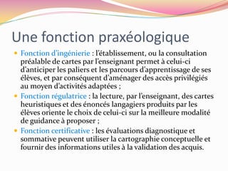 Infodoc et cartesLa cartographie conceptuelle s’avère ainsi pouvoir fournir au professeur documentaliste, comme au didacticien, un outil poly- fonctionnel pertinent et efficace pour réfléchir, concevoir et mettre en œuvre la didactisation de la matière info-documentaire à enseigner. (Duplessis)