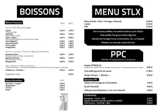 BOISSONS                                                                                            MENU STLX
                                                                                                          Menu (entrée + Plat + Fromage + Dessert)                                                    19.50 €
Bières Pressions                                                                    25 cL        50 cL    2 plats                                                                                     15.50 €
                                                                                                          Plat                                                                                        13.50 €
Gamme Inbev (Brasserie Belge)
Jupiler								2.50 € €      4.50                                                                                     Saint Jacques poêlées, mousseline butternut, pain d’épice
Pils blonde belge
Leffe 6,6°							3.00 € €
                        5.50
Bière d’abbaye ambrée                                                                                                             Caille poêlée, foie gras et petits légumes
Leffe « 
       Ruby 
           »							3.20 € €
                          6.00
Bière d’abbaye blonde aux saveurs de fruits rouges                                                                   Assiette de fromage Ferme La Pannetière -44- La Chapelle
Cidre Magner’s							2.50 € €
                             4.50
Panaché jupiler							2.30 € €
                             4.00                                                                                                   Moelleux au chocolat, sorbet mûroise
Picon jupiler							3.00 € €5.50
Hoegaarden							3.00 € €   5.50




                                                                                                                                                 PPC
Gamme « Lancelot » (Brasserie Régionale Artisanale)
Duchesse Anne							3.00 € €                       5.50
Blonde pur malt non filtrée non pasteurisé
Blanche Hermine						3.00 € €
                            5.50
Bière blanche de froment                                                                                                           Petites Propositions Culinaires
Morgane Bio 							3.00 € €
                          5.50

Micro Brasserie « Bière du Bouffay »                                                                      Salade STEREOLUX
« Bière à la Nantaise » concoctée et brassée par les soins de Thomas et son équipe ! A découvrir !        Salade verte, crudités, brick de fromage «Le Petit Douet», chiffonade de jambon de Vendée    8.50 €
Ambrée du « Bouffay »						                                                        2.50 €       4.50 €
                                                                                                          Foie poêlé, garniture de saison			                                                           11.50 €
Supplément sirop                                                                                0.20 €
                                                                                                          Burger Poisson « Olympic »                                                                   8.50 €
                                                                                                          	
Bières Bouteilles                                                                  33 cL                  Desserts PPC	
Guinness « 
          surger 
                »						4.50 €                                                                             Plateau de fromage de la Pannetière                                                          7.00 €
Desperados 							4.50 €
                                                                                                          Dj set Chocolaté                                                                             6.00 €
Chimay 								4.50 €
Duvel 								4.50 €                                                                                      Café gourmand (Expresso + mix mini-dessert)                                                  5.00 €

                                                                                                          à emporter
                                                                                                          Sandwich « CLub » 400                                                                         4.50 €
                                                                                                          Salade Stereolux (poulet, jambon, crudités)                                                  4.50 €
                                                                                                          Plat du jour « Formule » Box                                                                 6.50 €
 