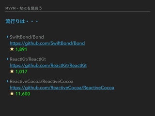 MVVM - なにを使おう
流行りは・・・
‣ SwiftBond/Bond  
https://github.com/SwiftBond/Bond 
⭐️ 1,891
‣ ReactKit/ReactKit 
https://github.com/ReactKit/ReactKit 
⭐️ 1,017
‣ ReactiveCocoa/ReactiveCocoa 
https://github.com/ReactiveCocoa/ReactiveCocoa 
⭐️ 11,600
 
