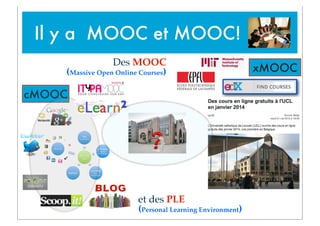 Il y a MOOC et MOOC!
Des MOOC
(Massive Open Online Courses)

cMOOC

et des PLE
(Personal Learning Environment)

xMOOC

 
