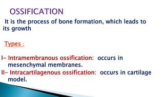 It is the process of bone formation, which leads to
its growth
Types :
I- Intramembranous ossification: occurs in
mesenchymal membranes.
II- Intracartilagenous ossification: occurs in cartilage
model.
 