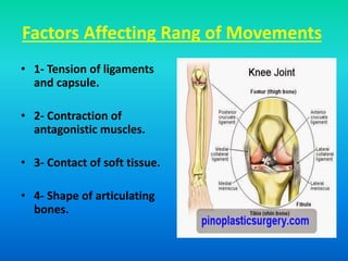 Factors Affecting Rang of Movements
• 1- Tension of ligaments
and capsule.
• 2- Contraction of
antagonistic muscles.
• 3- Contact of soft tissue.
• 4- Shape of articulating
bones.
 