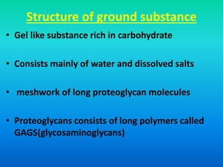 Structure of ground substance
• Gel like substance rich in carbohydrate
• Consists mainly of water and dissolved salts
• meshwork of long proteoglycan molecules
• Proteoglycans consists of long polymers called
GAGS(glycosaminoglycans)
 