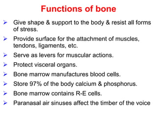 Functions of bone Give shape & support to the body & resist all forms of stress. Provide surface for the attachment of muscles, tendons, ligaments, etc. Serve as levers for muscular actions. Protect visceral organs. Bone marrow manufactures blood cells. Store 97% of the body calcium & phosphorus. Bone marrow contains R-E cells. Paranasal air sinuses affect the timber of the voice 