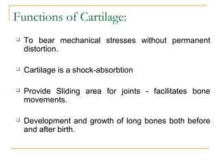 Functions of Cartilage:
 To bear mechanical stresses without permanent
distortion.
 Cartilage is a shock-absorbtion
 Provide Sliding area for joints - facilitates bone
movements.
 Development and growth of long bones both before
and after birth.
 