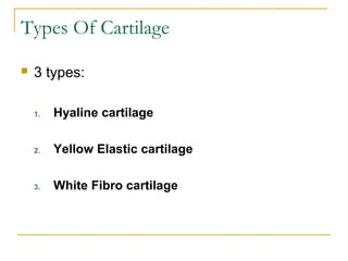 Types Of Cartilage
 3 types:
1. Hyaline cartilage
2. Yellow Elastic cartilage
3. White Fibro cartilage
 