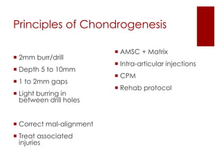 Principles of Chondrogenesis
 2mm burr/drill
 Depth 5 to 10mm
 1 to 2mm gaps
 Light burring in
between drill holes
 Correct mal-alignment
 Treat associated
injuries

 AMSC + Matrix
 Intra-articular injections
 CPM
 Rehab protocol

 
