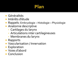  Généralités
 Intérêts d’étude
 Rappels: Embryologie – Histologie – Physiologie
 Anatomie descriptive
• Cartilages du larynx
• Articulations inter cartilagineuses
• Membranes du larynx
 Rapports
 Vascularisation / Innervation
 Exploration
 Voies d’abord
 Conclusion
 