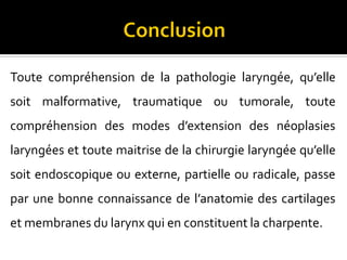 Toute compréhension de la pathologie laryngée, qu’elle
soit malformative, traumatique ou tumorale, toute
compréhension des modes d’extension des néoplasies
laryngées et toute maitrise de la chirurgie laryngée qu’elle
soit endoscopique ou externe, partielle ou radicale, passe
par une bonne connaissance de l’anatomie des cartilages
et membranes du larynx qui en constituent la charpente.
 
