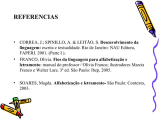REFERENCIAS CORREA, J.; SPINILLO, A. & LEITÃO, S.  Desenvolvimento da linguagem:  escrita e textualidade. Rio de Janeiro: NAU Editora, FAPERJ. 2001. (Parte I ).   FRANCO, Olívia.  Fios da linguagem para alfabetização e letramento : manual do professor / Olívia Franco; ilustradores Marcia Franco e Walter Lara. 3ª ed. São Paulo: Ibep, 2005. SOARES, Magda.  Alfabetização e letramento-  São Paulo: Contexto, 2003. 