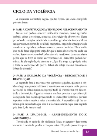 CICLO DA VIOLÊNCIA
  A violência doméstica segue, muitas vezes, um ciclo composto
por três fases:

1º FASE: A CONSTRUÇÃO DA TENSÃO NO RELACIONAMENTO
   Nessa fase podem ocorrer incidentes menores, como agressões
verbais, crises de ciúmes, ameaças, destruição de objetos etc. Nesse
período de duração indefinida, a mulher geralmente tenta acalmar
seu agressor, mostrando-se dócil, prestativa, capaz de antecipar cada
um de seus caprichos ou buscando sair do seu caminho. Ela acredita
que pode fazer algo para impedir que a raiva dele se torne cada vez
maior. Sente-se responsável pelos atos do marido ou companheiro e
pensa que se fizer as coisas corretamente os incidentes podem ter-
minar. Se ele explode, ela assume a culpa. Ela nega sua própria raiva
e tenta se convencer de que “... talvez ele esteja mesmo cansado ou
bebendo demais”.

2º FASE: A EXPLOSÃO DA VIOLÊNCIA - DESCONTROLE E
DESTRUIÇÃO
   A segunda fase é marcada por agressões agudas, quando a ten-
são atinge seu ponto máximo e acontecem os ataques mais graves.
A relação se torna inadministrável e tudo se transforma em descon-
trole e destruição. Algumas vezes a mulher percebe a aproximação
da segunda fase e acaba provocando os incidentes violentos, por não
suportar mais o medo, a raiva e a ansiedade. A experiência já lhe en-
sinou, por outro lado, que essa é a fase mais curta e que será seguida
pela fase 3, da lua-de-mel.

3º FASE: A LUA-DE-MEL - ARREPENDIMENTO DO(A)
AGRESSOR(A)
  Terminado o período da violência física, o agressor demonstra
remorso e medo de perder a companheira. Ele pode prometer qual-

                                   Manu a l P r o m o t o r a s d a Pa z   13
 