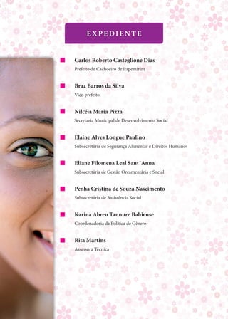 eXPeDieNte


carlos roberto casteglione Dias
Prefeito de Cachoeiro de Itapemirim


braz barros da Silva
Vice-prefeito


Nilcéia Maria Pizza
Secretaria Municipal de Desenvolvimento Social


elaine Alves longue Paulino
Subsecretária de Segurança Alimentar e Direitos Humanos


eliane filomena leal Sant´Anna
Subsecretária de Gestão orçamentária e Social


Penha cristina de Souza Nascimento
Subsecretária de Assistência Social


Karina Abreu tannure bahiense
Coordenadoria da Política de Gênero


rita Martins
Assessora Técnica
 