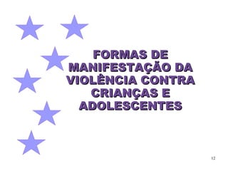 FORMAS DE
MANIFESTAÇÃO DA
VIOLÊNCIA CONTRA
   CRIANÇAS E
  ADOLESCENTES



                   12
 