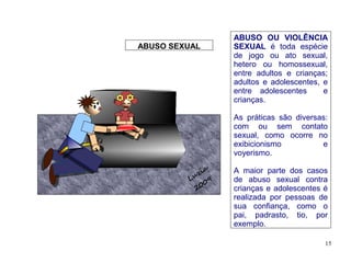 ABUSO OU VIOLÊNCIA
    ABUSO SEXUAL     SEXUAL é toda espécie
                     de jogo ou ato sexual,
                     hetero ou homossexual,
                     entre adultos e crianças;
                     adultos e adolescentes, e
                     entre adolescentes      e
                     crianças.

                     As práticas são diversas:
                     com ou sem contato
                     sexual, como ocorre no
                     exibicionismo          e
/




                     voyerismo.

                 a
               zi    A maior parte dos casos
             Lu 9    de abuso sexual contra
              2 00   crianças e adolescentes é
                     realizada por pessoas de
                     sua confiança, como o
                     pai, padrasto, tio, por
                     exemplo.

                                             15
 